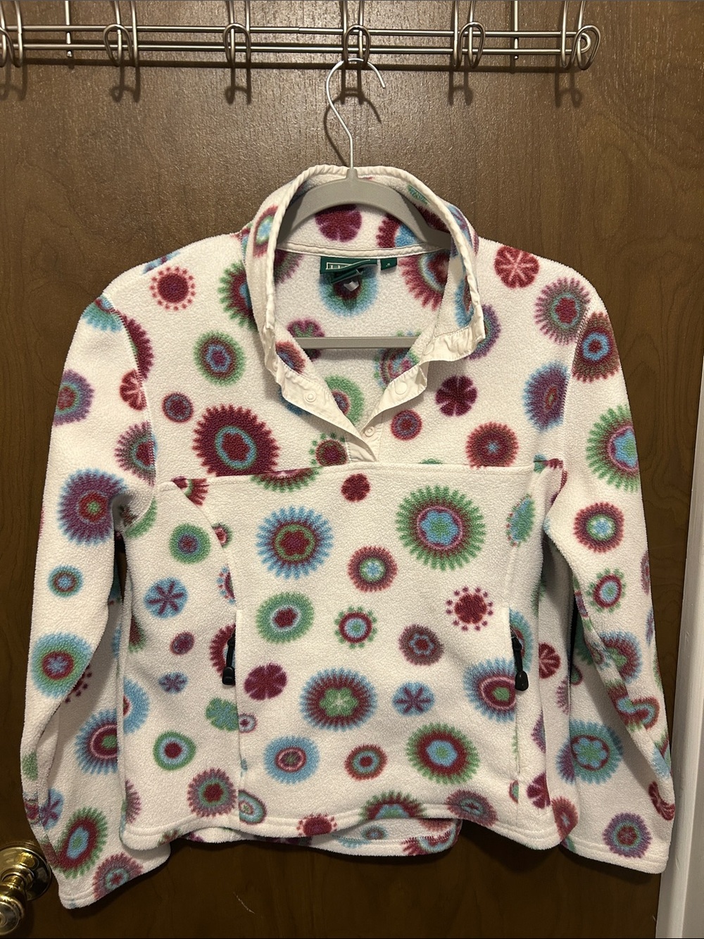 L.L. Bean White Fleece Pullover with Multicolor Floral Dot Print Small